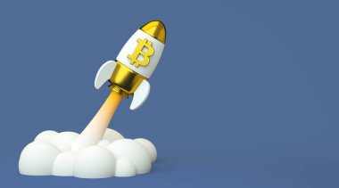 Aya Bitcoin, BTC kripto para birimi. Bitcoin kripto altın para birimi logosu. Fotokopi alanı arka planında 3 boyutlu bir rokette. Engelleme teknolojisi kavramı