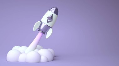 Ethereum to the Moon, Bullish Ether kripto para birimi. Ethereum jetonlu şifreli para birimi logosu bir roketin içinde ve arka planında 3D kopyalama alanı var. Blockchain defi kavramı