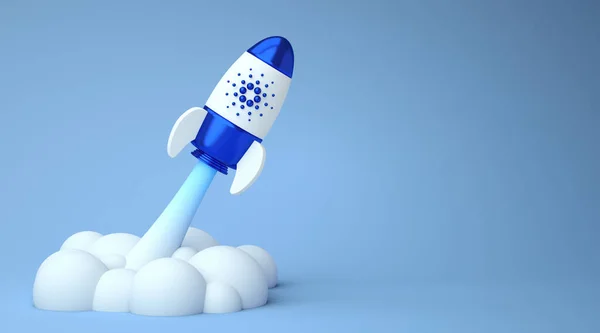 Ayın Cardano 'su, boğa Altcoin ADA kripto para birimi. Cardano jetonlu şifreli para birimi logosu bir roketin içinde. Fotokopi alanı arkaplanı 3 boyutlu. Blockchain defi kavramı