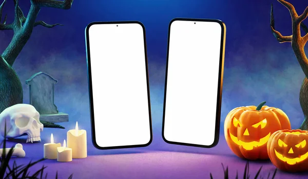 Glad Halloween Två Telefon Mockup Tom Skärm Kuslig Nattscen Med — Stockfoto