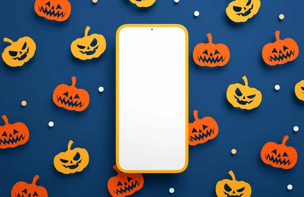 Szczęśliwego Halloween Telefon Makieta Pusty Ekran Papierowym Tle Dynie Renderingu — Zdjęcie stockowe