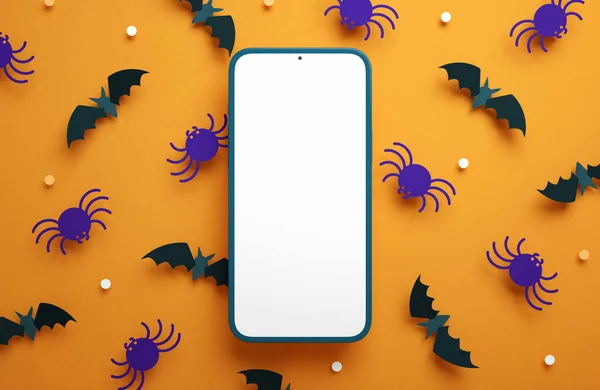Flat Lay Halloween Phone Mockup Blank Screen Paper Bats Spiders — Stock Photo, Image