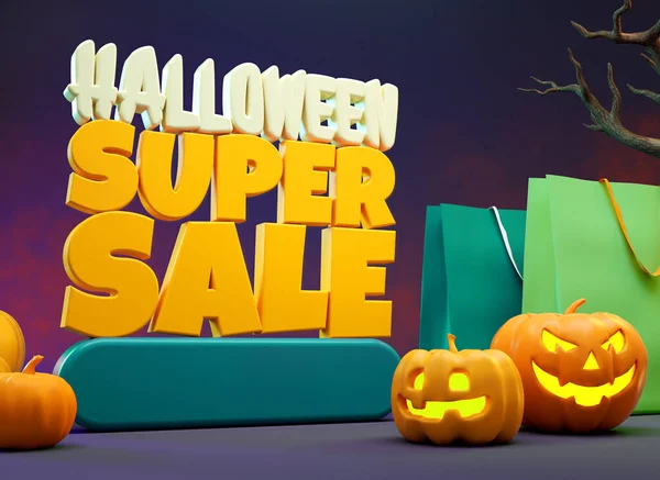 Halloween Super Försäljning Mockup Med Pumpor Och Shoppingpåsar Rendering Glad — Stockfoto