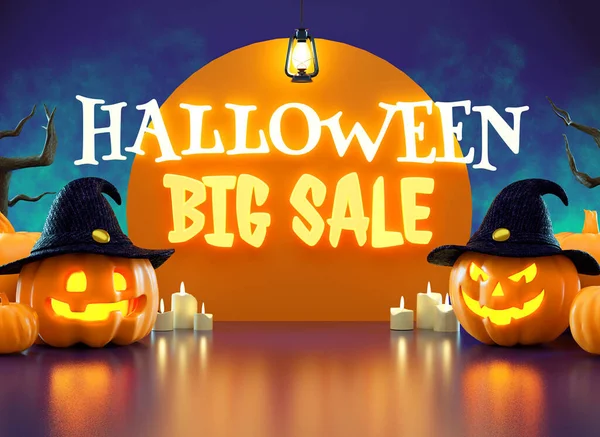 Halloween Stor Försäljning Reklamblad Med Pumpor Och Lysande Bokstäver Rendering — Stockfoto