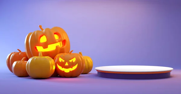 Minimalistyczna Platforma Halloween Dyniami Fioletowym Tle Wyświetlania Produktu Renderowaniu Szczęśliwego — Zdjęcie stockowe