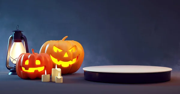 Halloween Podium Plattform Med Pumpor Mörk Bakgrund För Produktpresentation Rendering — Stockfoto