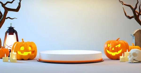 Rendering Una Piattaforma Podio Halloween Con Zucche Sfondo Bianco Presentazione — Foto Stock