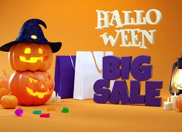 Halloween Stor Försäljning Marknadsföring Banner Med Pumpor Och Shoppingpåsar Rendering — Stockfoto