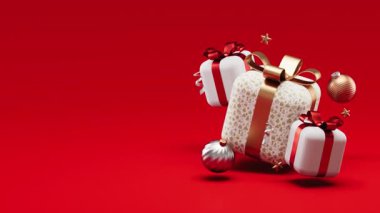 Noel hediyeleriyle dolu mutlu noel döngüsü videoları. Etrafı şenlikli dekorasyonlarla çevrili ve kırmızı arka planda 3 boyutlu animasyon alanı kopyaları var.