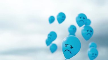 Bulutlu bir gökyüzünde süzülen hüzünlü yüz ifadeleri olan bir grup mavi balon Mavi Pazartesi konseptinin 3 boyutlu animasyondaki duygusal tonunu sembolize ediyor.
