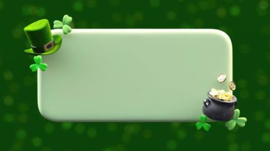 Aziz Patrick Günü mesaj kutusu video döngüsü yeşil leprikon şapka, yonca ve altın çömlek koyu yeşil, bayram sembolleri 3D animasyon