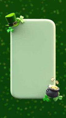 Aziz Patrick Günü mesaj kutusu video döngüsü yeşil leprikon şapka, yonca ve altın çömlek koyu yeşil, bayram sembolleri 3D animasyon