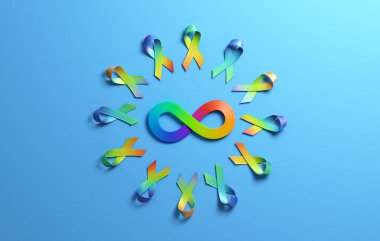 Mavi arka planda farkındalık kurdeleleriyle çevrili renkli gökkuşağı sonsuzluğu sembolü, otizmin kabulünü, nöroçeşitlilik gururunu, dahil edilmeyi ve 3D illüstrasyonda destek topluluğunu temsil ediyor.