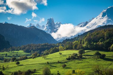 Naranjo de Bulnes 'in ufukta gözüktüğü Asturias Dağı manzarası. Picos de Europa Ulusal Park Manzarası.