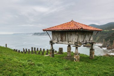 Horreo, Cantabrian Denizi 'ne tepeden bakan kayalıklara ahşap ve taştan yapılmış geleneksel bir asturya ambarı..