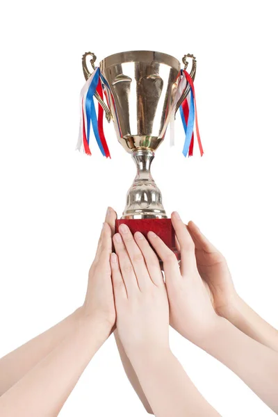 Phpto of Young women holding up trophy close-up — Stock Photo, Image