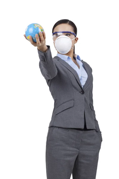 Portrait of a woman holding a globe — Stock Photo, Image