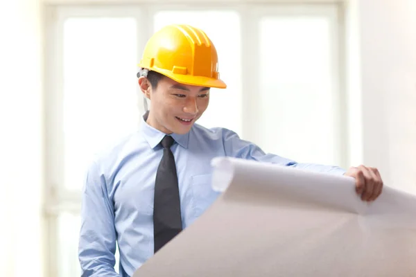 Retrato del joven ingeniero sosteniendo el plano en la oficina —  Fotos de Stock