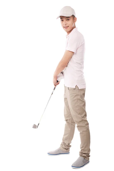 Retrato de jovem Golfista masculino swing golf club, retrato — Fotografia de Stock