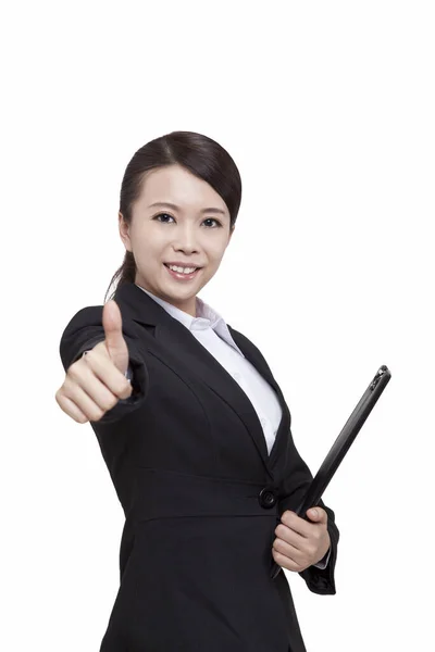 Portrait of young businesswoman with thumb up,holding folder,close-up — Stock Photo, Image