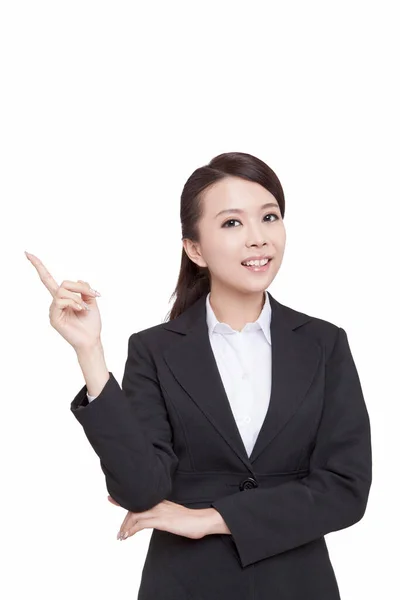 Portrait of young business woman pointing something — Stock Photo, Image