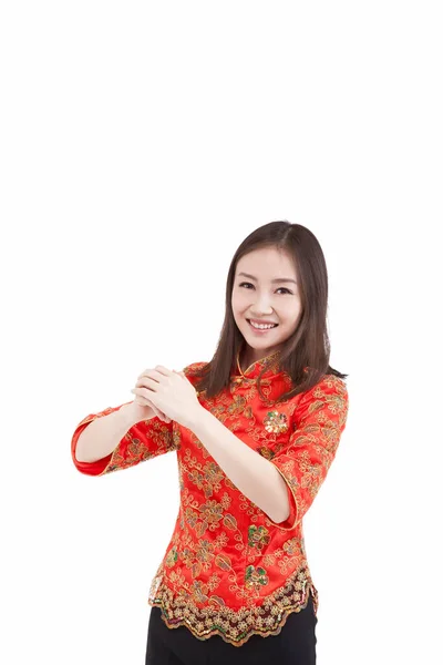 Portrait de jeune femme en costume Tang payer Nouvel An appel — Photo