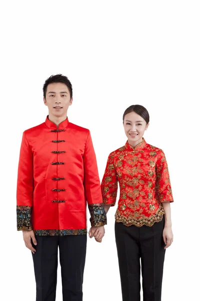 Porträtt av unga par i Tang kostymer betala nyår samtal — Stockfoto