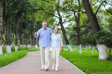 Parkta yürüyen mutlu yaşlı çift