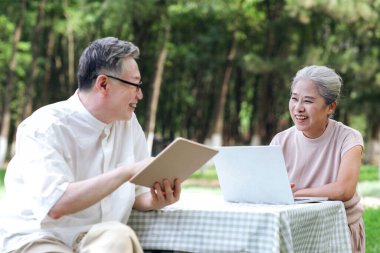 Mutlu yaşlı çift internette sörf yapmak için bilgisayar kullanıyor.