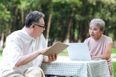 Mutlu yaşlı çift internette sörf yapmak için bilgisayar kullanıyor.