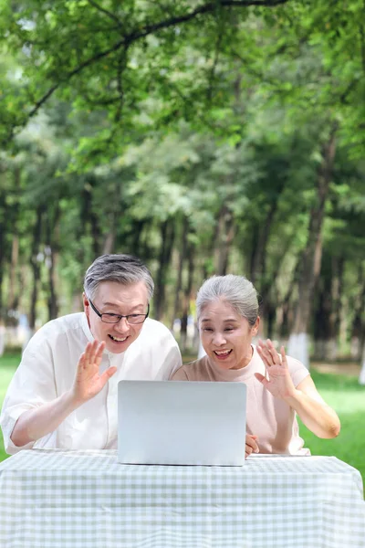 Anziani coppie utilizzano computer video chat all'aperto — Foto Stock