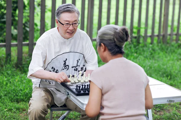 Szczęśliwa stara para gra w szachy w parku — Zdjęcie stockowe