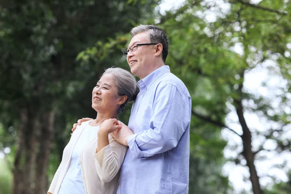 Happy old couple walking in the park — Stock Photo, Image