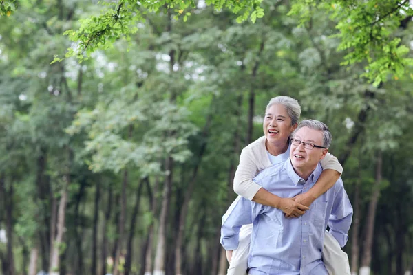 De oude man kijkt naar het landschap met zijn vrouw achter zijn rug om in het park — Stockfoto