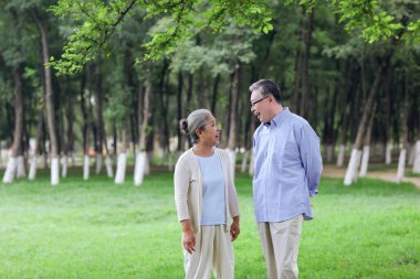 Parkta yürüyen mutlu yaşlı çift