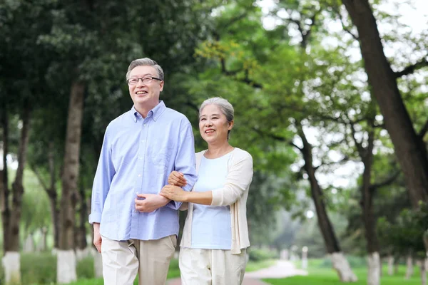 Heureux vieux couple marchant dans le parc — Photo