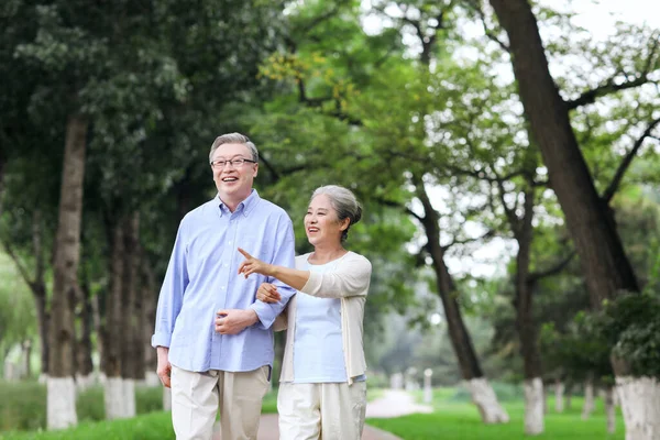 Feliz casal velho andando no parque — Fotografia de Stock