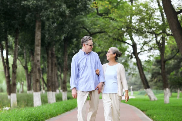 Gelukkig oud koppel wandelen in het park — Stockfoto