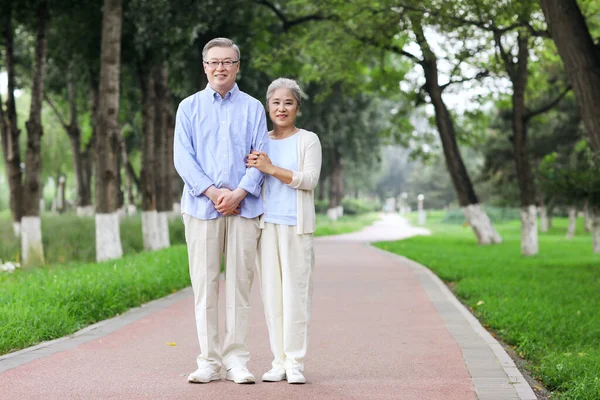 Feliz casal velho andando no parque — Fotografia de Stock