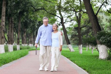 Parkta yürüyen mutlu yaşlı çift