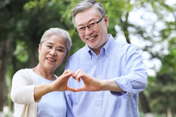 Feliz pareja de ancianos caminando en el parque —  Fotos de Stock