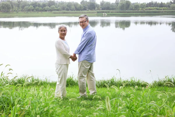 Glada gamla par tittar på landskapet vid sjön — Stockfoto