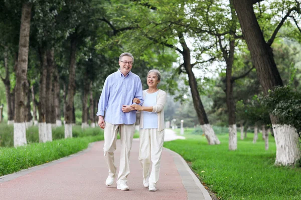 Gelukkig oud koppel wandelen in het park — Stockfoto