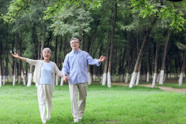 Happy old couple looking at the scenery in the park clipart