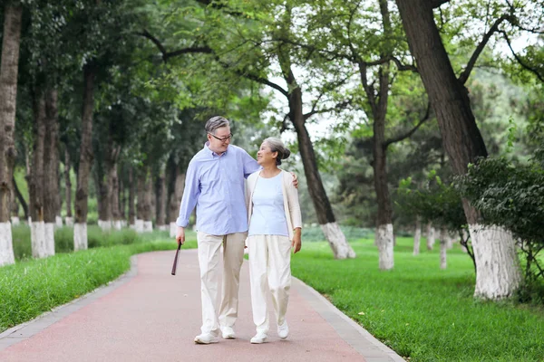 Parkta yürüyen mutlu yaşlı çift