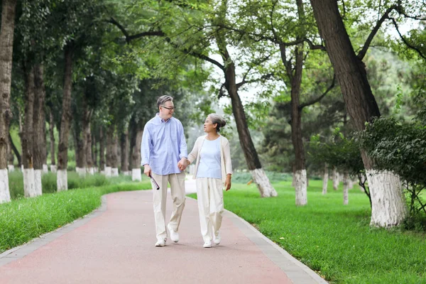 Parkta yürüyen mutlu yaşlı çift