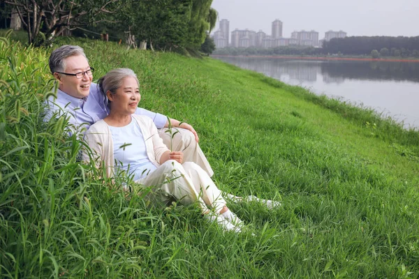 Glückliches altes Paar beobachtet die Landschaft am See — Stockfoto