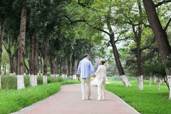 Happy old couple walking in the park — Stock Photo, Image