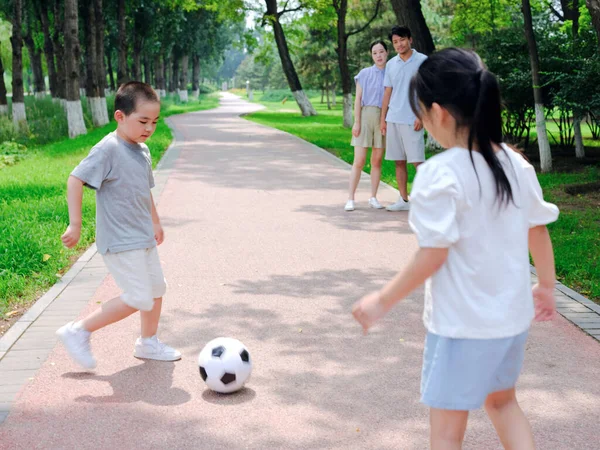 공원에서 네 식구가 함께 축구를 하는 행복 한 가족 — 스톡 사진