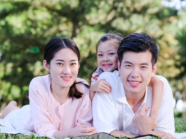 Šťastná rodina tří dětí na trávě v parku — Stock fotografie